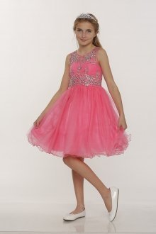 Coral Sleeveless Tulle Junior Bridesmaid Dress with Exquisite Beading Design